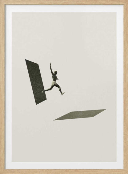 Vintage black and white collage of a person leaping between two geometric shapes.