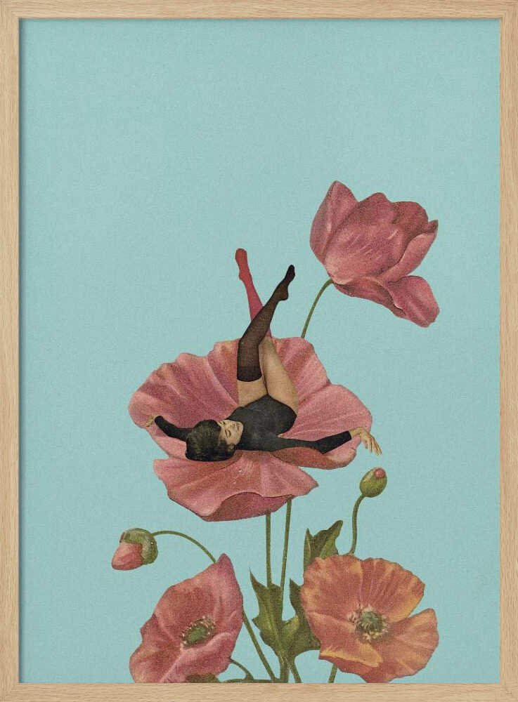 Vintage collage art of a woman in a black leotard relaxing on a large pink poppy against a blue background.