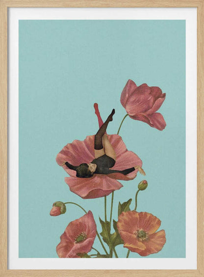 Vintage collage art of a woman in a black leotard relaxing on a large pink poppy against a blue background.