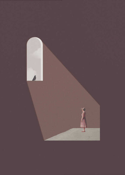 Minimalist art of a woman in a dark room, standing in a beam of light from an arched window with a bird.