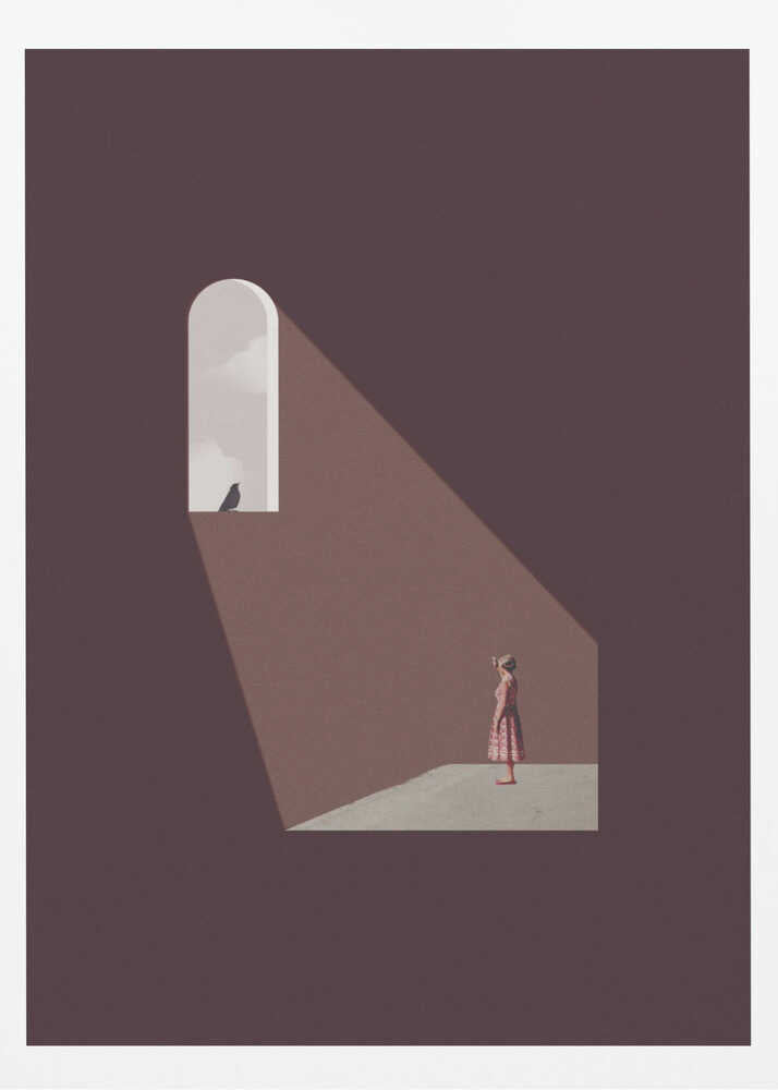 Minimalist art of a woman in a dark room, standing in a beam of light from an arched window with a bird.