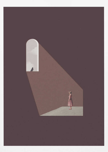 Minimalist art of a woman in a dark room, standing in a beam of light from an arched window with a bird.