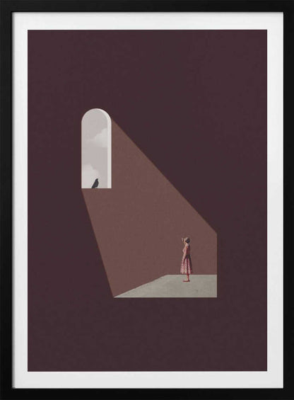 Minimalist art of a woman in a dark room, standing in a beam of light from an arched window with a bird.