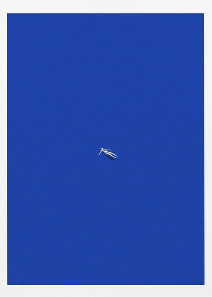 A minimalist and surreal artwork featuring a tiny, pale human figure floating peacefully in the center of an immense, solid, and vibrant blue void, all enclosed within a thin black frame. Wall Art