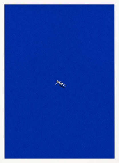 A minimalist and surreal artwork featuring a tiny, pale human figure floating peacefully in the center of an immense, solid, and vibrant blue void, all enclosed within a thin black frame. Wall Art