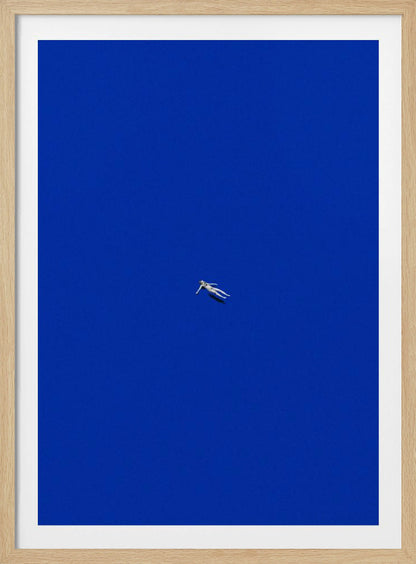 A minimalist and surreal artwork featuring a tiny, pale human figure floating peacefully in the center of an immense, solid, and vibrant blue void, all enclosed within a thin black frame. Wall Art