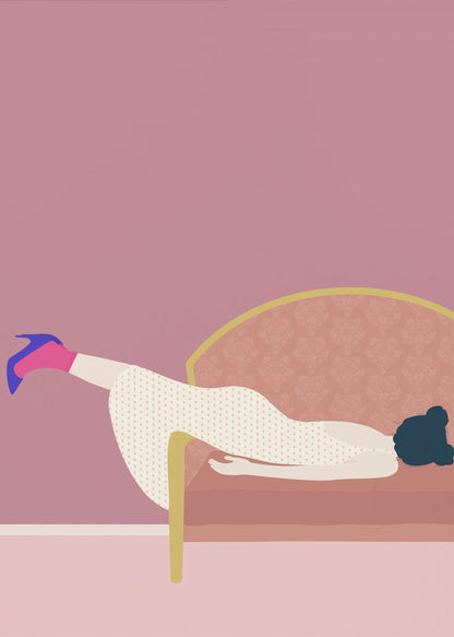 A minimalist illustration of a woman in a white polka-dot dress and a single blue high heel, lounging on a pink couch against a matching pink wall, all within a black frame. Decor
