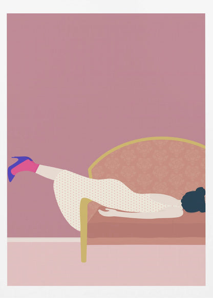 A minimalist illustration of a woman in a white polka-dot dress and a single blue high heel, lounging on a pink couch against a matching pink wall, all within a black frame. Decor