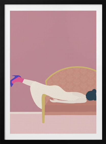 A minimalist illustration of a woman in a white polka-dot dress and a single blue high heel, lounging on a pink couch against a matching pink wall, all within a black frame. Decor