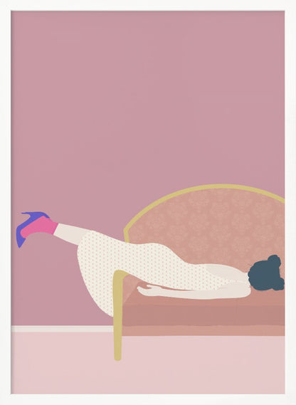 A minimalist illustration of a woman in a white polka-dot dress and a single blue high heel, lounging on a pink couch against a matching pink wall, all within a black frame. Decor