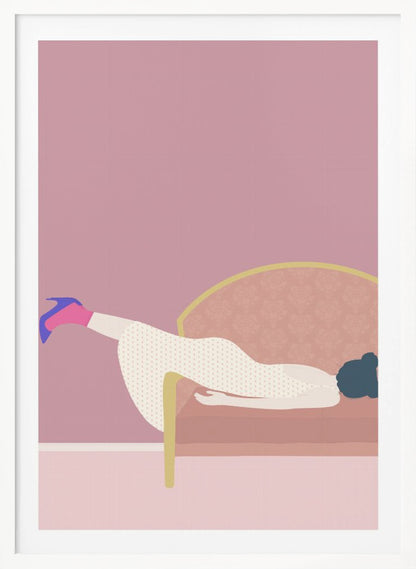 A minimalist illustration of a woman in a white polka-dot dress and a single blue high heel, lounging on a pink couch against a matching pink wall, all within a black frame. Decor