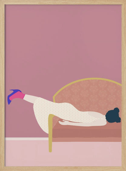 A minimalist illustration of a woman in a white polka-dot dress and a single blue high heel, lounging on a pink couch against a matching pink wall, all within a black frame. Decor