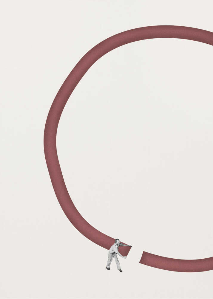 Minimalist collage of a tiny man breaking a large red circle against a cream background.