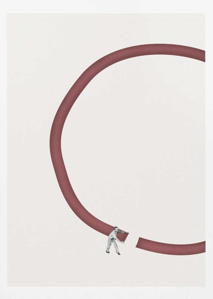 Minimalist collage of a tiny man breaking a large red circle against a cream background.