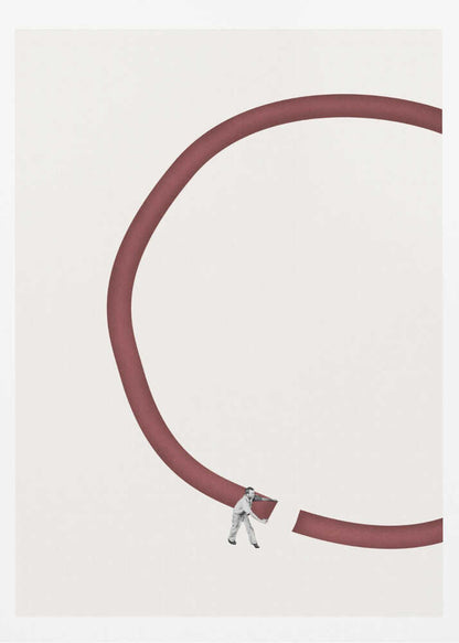 Minimalist collage of a tiny man breaking a large red circle against a cream background.