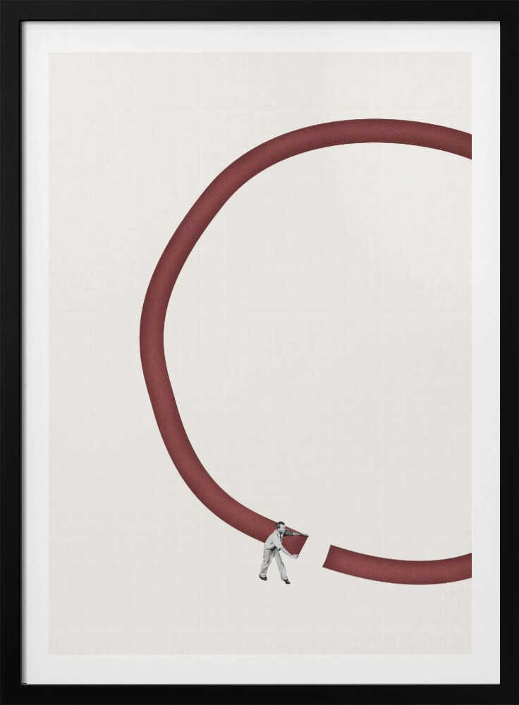 Minimalist collage of a tiny man breaking a large red circle against a cream background.