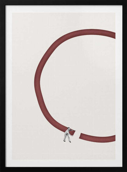Minimalist collage of a tiny man breaking a large red circle against a cream background.