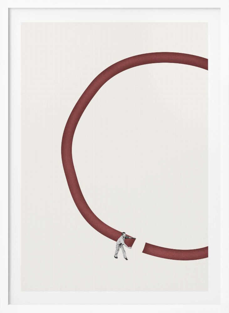 Minimalist collage of a tiny man breaking a large red circle against a cream background.