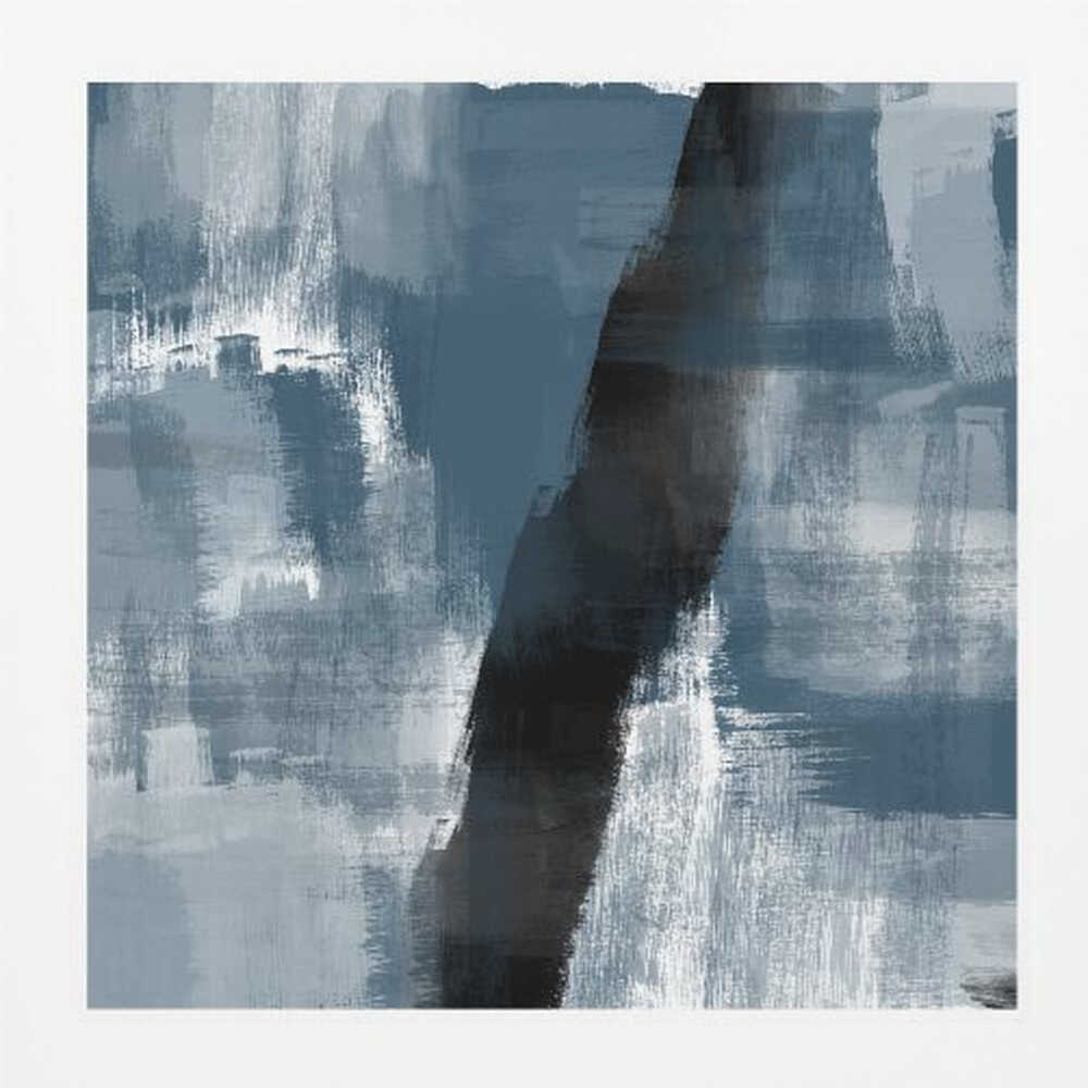 Abstract painting with bold blue, grey, and black brushstrokes in a light wood frame.