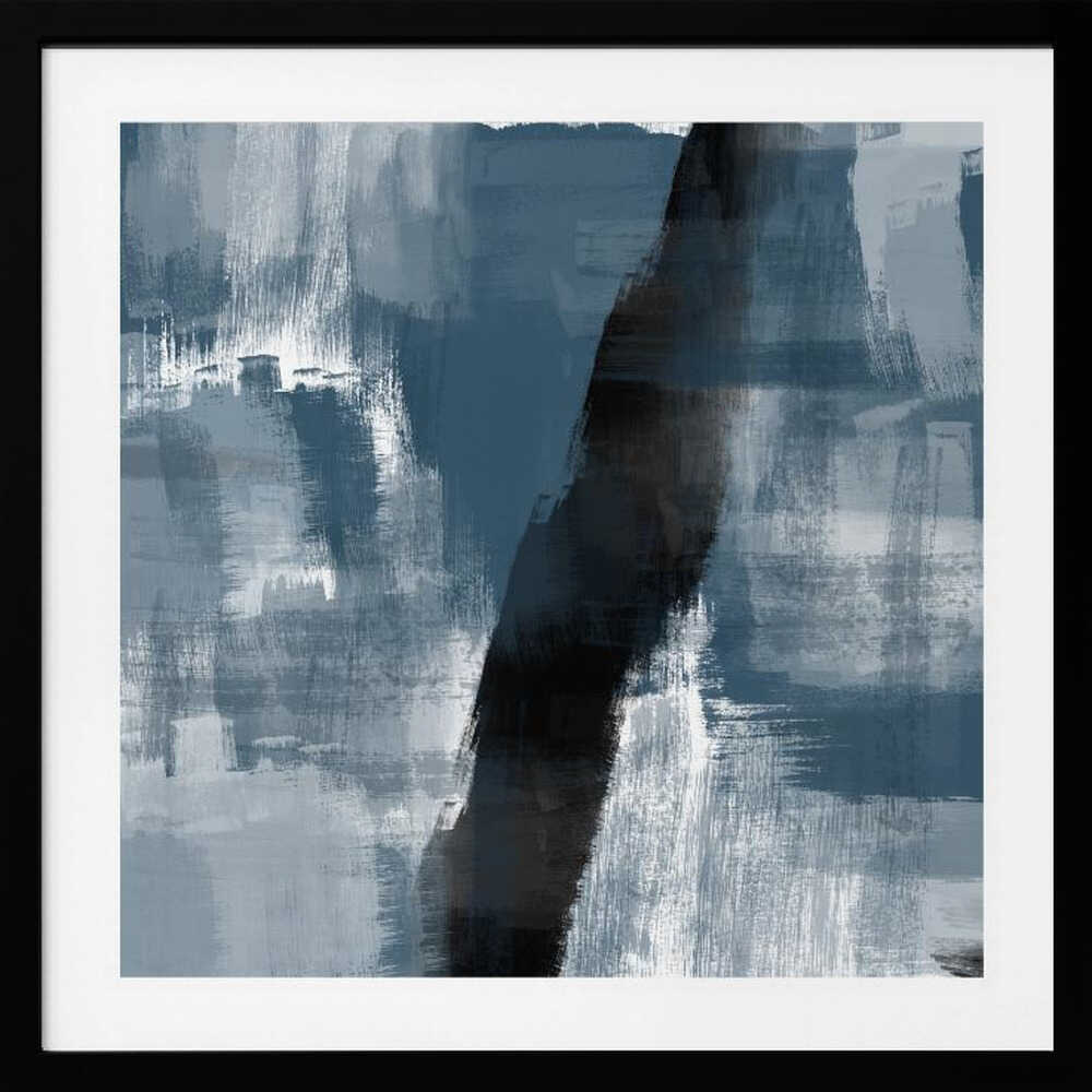 Abstract painting with bold blue, grey, and black brushstrokes in a light wood frame.