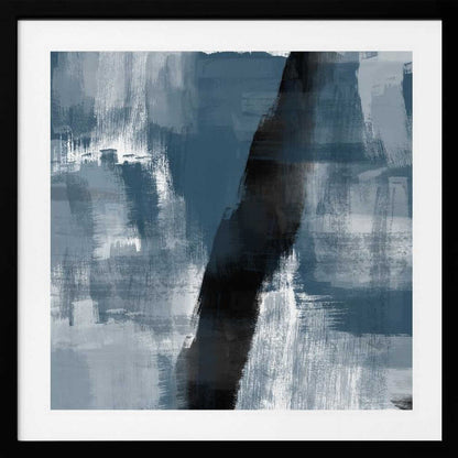 Abstract painting with bold blue, grey, and black brushstrokes in a light wood frame.