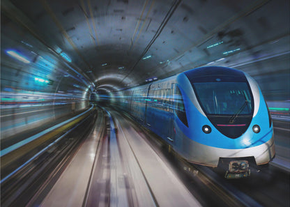 A modern blue and silver high-speed train travels through a curved, brightly lit subway tunnel, with motion blur conveying a sense of rapid movement, enclosed within a silver frame. Poster