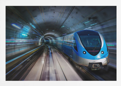A modern blue and silver high-speed train travels through a curved, brightly lit subway tunnel, with motion blur conveying a sense of rapid movement, enclosed within a silver frame. Poster
