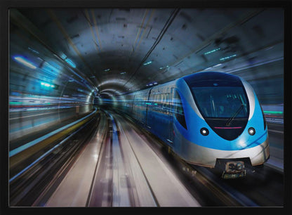 A modern blue and silver high-speed train travels through a curved, brightly lit subway tunnel, with motion blur conveying a sense of rapid movement, enclosed within a silver frame. Poster