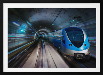 A modern blue and silver high-speed train travels through a curved, brightly lit subway tunnel, with motion blur conveying a sense of rapid movement, enclosed within a silver frame. Poster