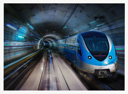 A modern blue and silver high-speed train travels through a curved, brightly lit subway tunnel, with motion blur conveying a sense of rapid movement, enclosed within a silver frame. Poster