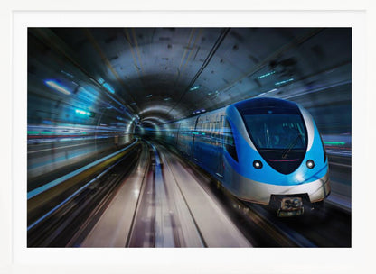A modern blue and silver high-speed train travels through a curved, brightly lit subway tunnel, with motion blur conveying a sense of rapid movement, enclosed within a silver frame. Poster