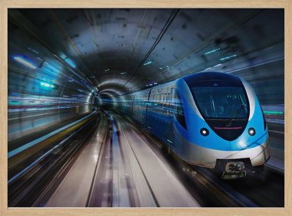 A modern blue and silver high-speed train travels through a curved, brightly lit subway tunnel, with motion blur conveying a sense of rapid movement, enclosed within a silver frame. Poster