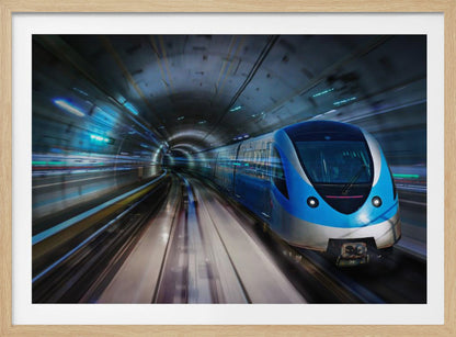 A modern blue and silver high-speed train travels through a curved, brightly lit subway tunnel, with motion blur conveying a sense of rapid movement, enclosed within a silver frame. Poster
