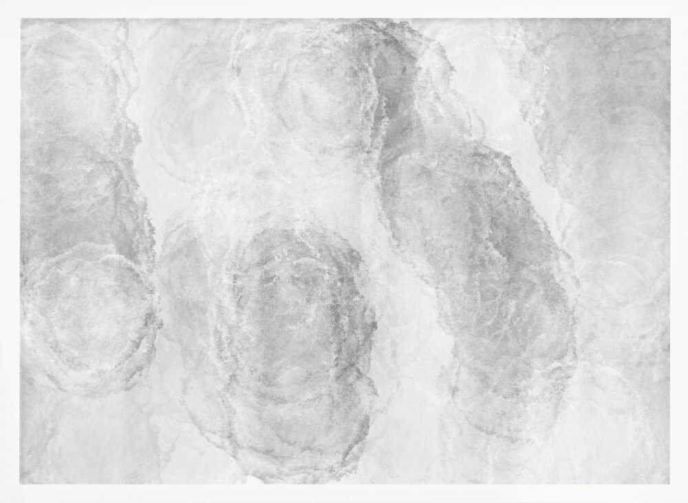 Abstract art with soft, cloud-like shapes in shades of grey and white, set in a silver frame.