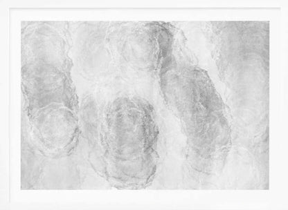 Abstract art with soft, cloud-like shapes in shades of grey and white, set in a silver frame.