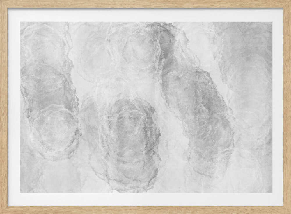 Abstract art with soft, cloud-like shapes in shades of grey and white, set in a silver frame.