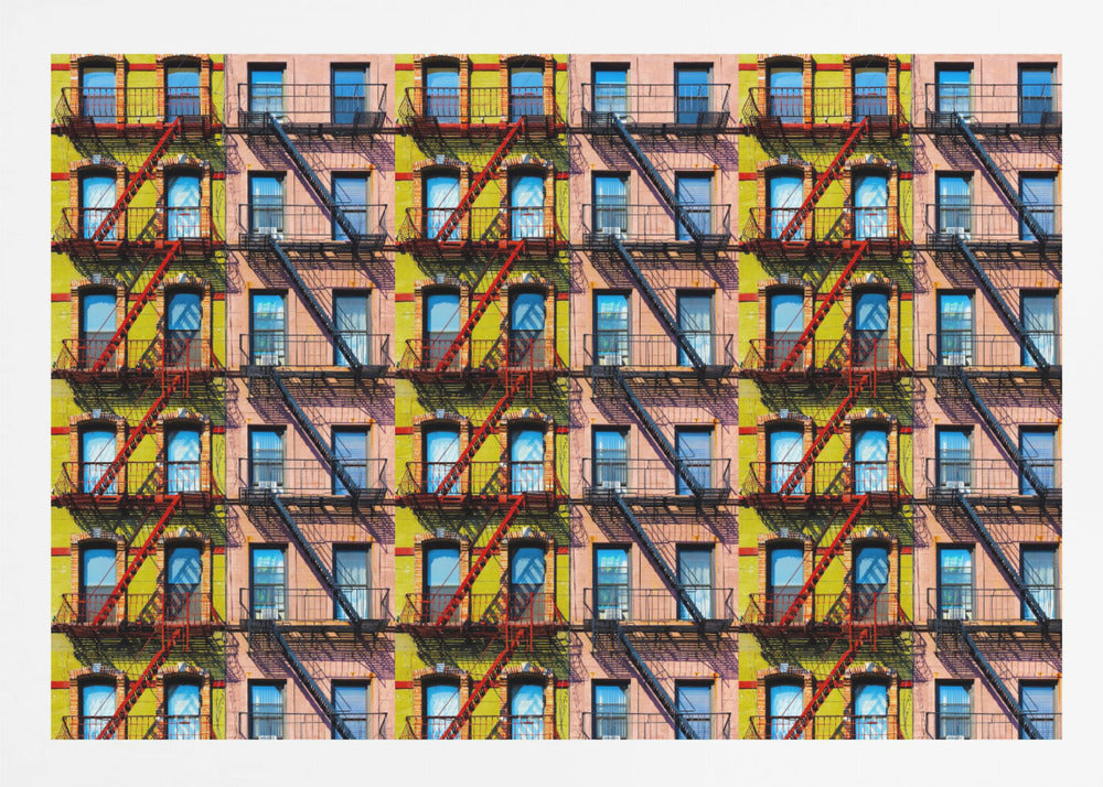 A pop-art style repeating pattern of a colorful apartment building facade featuring pink and yellow walls, windows reflecting a blue sky, and a network of black and red fire escapes, enclosed in a silver frame. Artwork