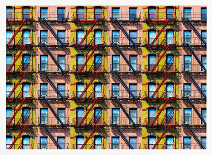 A pop-art style repeating pattern of a colorful apartment building facade featuring pink and yellow walls, windows reflecting a blue sky, and a network of black and red fire escapes, enclosed in a silver frame. Artwork