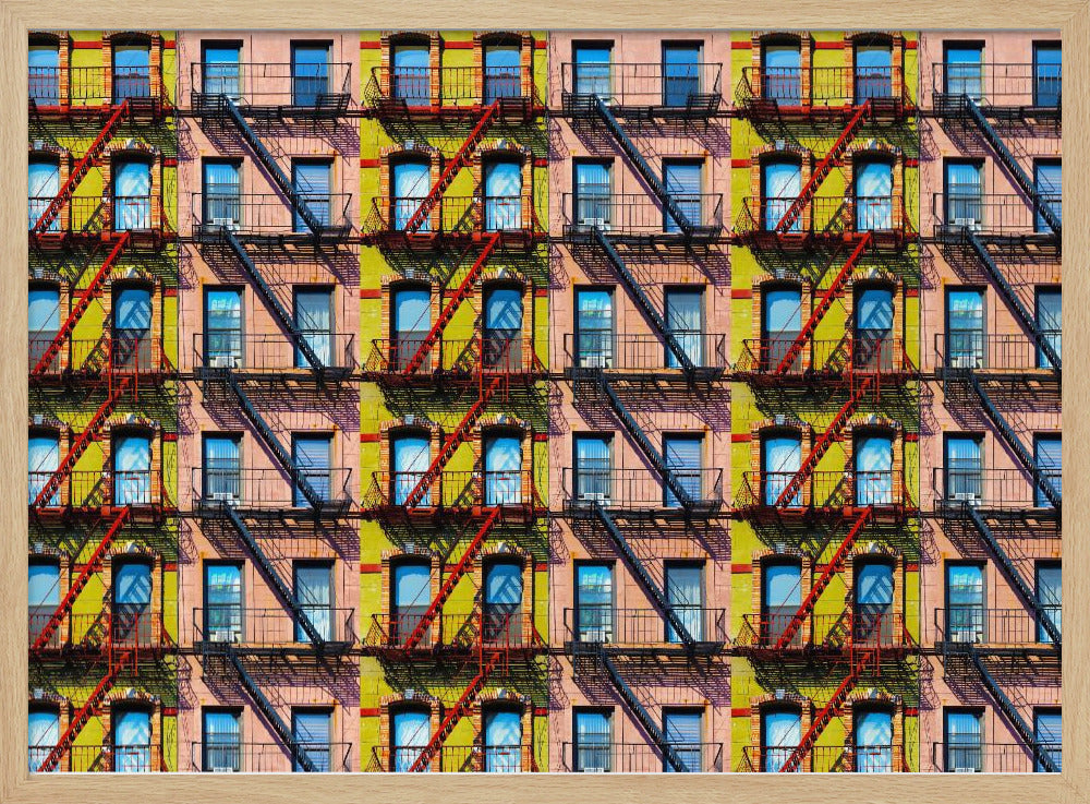 A pop-art style repeating pattern of a colorful apartment building facade featuring pink and yellow walls, windows reflecting a blue sky, and a network of black and red fire escapes, enclosed in a silver frame. Artwork