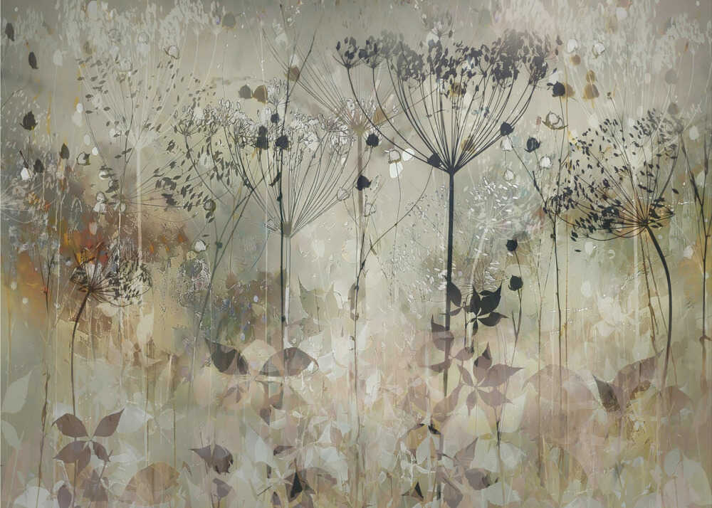 An abstract botanical artwork featuring the delicate black silhouettes of wildflowers, like Queen Anne's lace, against a muted, textured background of beige, sage green, and earthy brown. The composition has a dreamy, layered effect and is displayed in a silver frame. Print