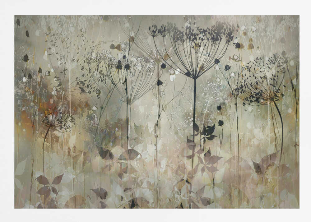 An abstract botanical artwork featuring the delicate black silhouettes of wildflowers, like Queen Anne's lace, against a muted, textured background of beige, sage green, and earthy brown. The composition has a dreamy, layered effect and is displayed in a silver frame. Print