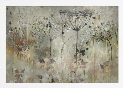 An abstract botanical artwork featuring the delicate black silhouettes of wildflowers, like Queen Anne's lace, against a muted, textured background of beige, sage green, and earthy brown. The composition has a dreamy, layered effect and is displayed in a silver frame. Print