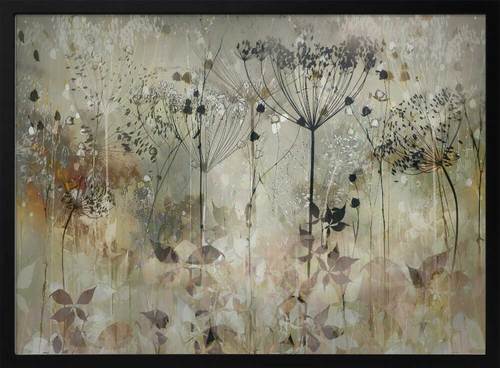 An abstract botanical artwork featuring the delicate black silhouettes of wildflowers, like Queen Anne's lace, against a muted, textured background of beige, sage green, and earthy brown. The composition has a dreamy, layered effect and is displayed in a silver frame. Print