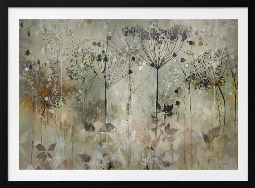 An abstract botanical artwork featuring the delicate black silhouettes of wildflowers, like Queen Anne's lace, against a muted, textured background of beige, sage green, and earthy brown. The composition has a dreamy, layered effect and is displayed in a silver frame. Print