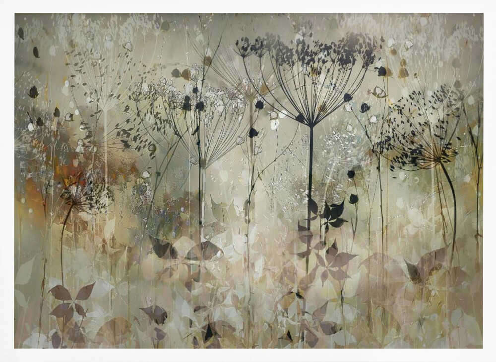 An abstract botanical artwork featuring the delicate black silhouettes of wildflowers, like Queen Anne's lace, against a muted, textured background of beige, sage green, and earthy brown. The composition has a dreamy, layered effect and is displayed in a silver frame. Print
