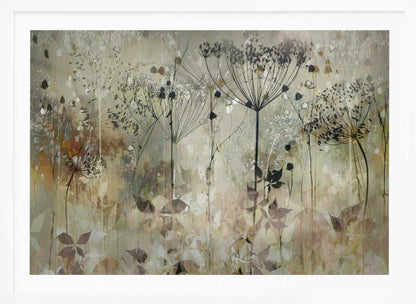 An abstract botanical artwork featuring the delicate black silhouettes of wildflowers, like Queen Anne's lace, against a muted, textured background of beige, sage green, and earthy brown. The composition has a dreamy, layered effect and is displayed in a silver frame. Print