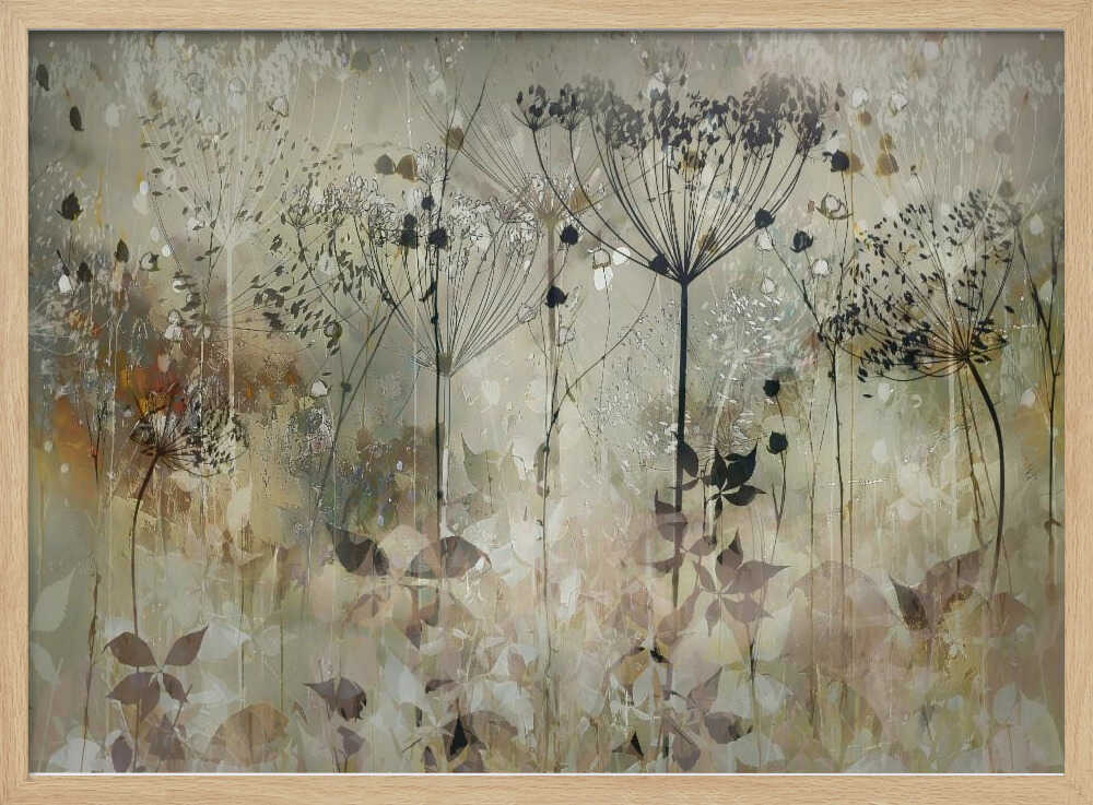 An abstract botanical artwork featuring the delicate black silhouettes of wildflowers, like Queen Anne's lace, against a muted, textured background of beige, sage green, and earthy brown. The composition has a dreamy, layered effect and is displayed in a silver frame. Print