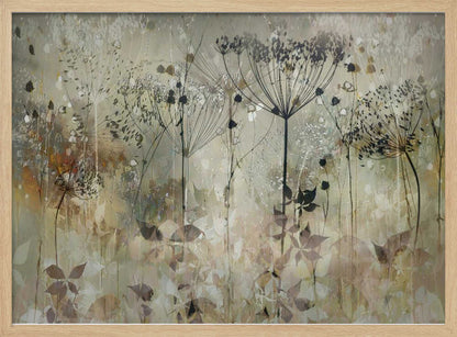 An abstract botanical artwork featuring the delicate black silhouettes of wildflowers, like Queen Anne's lace, against a muted, textured background of beige, sage green, and earthy brown. The composition has a dreamy, layered effect and is displayed in a silver frame. Print