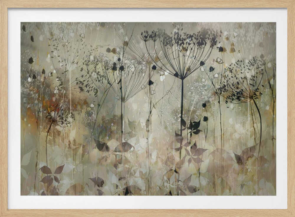 An abstract botanical artwork featuring the delicate black silhouettes of wildflowers, like Queen Anne's lace, against a muted, textured background of beige, sage green, and earthy brown. The composition has a dreamy, layered effect and is displayed in a silver frame. Print