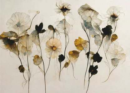 A framed artwork depicting a collection of delicate, translucent flowers against a pale, neutral background. The flowers, rendered in a watercolor style, are in shades of white, muted yellow, and deep black, with thin, wispy stems. The entire piece is enclosed in a simple silver frame. Artwork